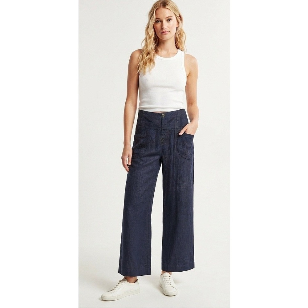 Anthropologie Wide Leg Linen Blend Pants Women Size 31 Navy Blue Cargo EUC